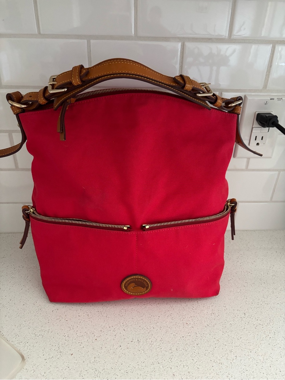 Dooney & Bourke Red Canvas Tote with Tan Leather Trim
